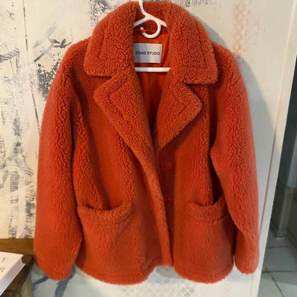 Stand Studio Vibrant Orange Faux Fur Jacket
